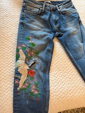 Zara Blue Women's Embroidered Crane Jeans